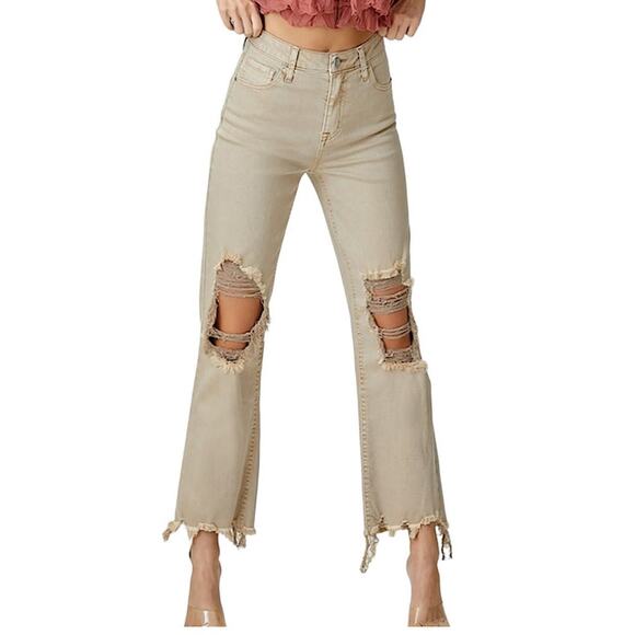 Risen NWT 26W size 3 khaki jeans raw hem high rise straight denim distressed - Picture 1 of 11